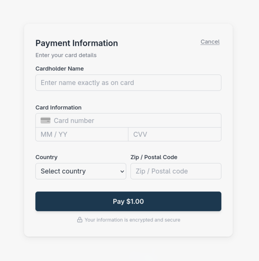 Compact Hosted Payment Form with country and ZIP or postal code fields