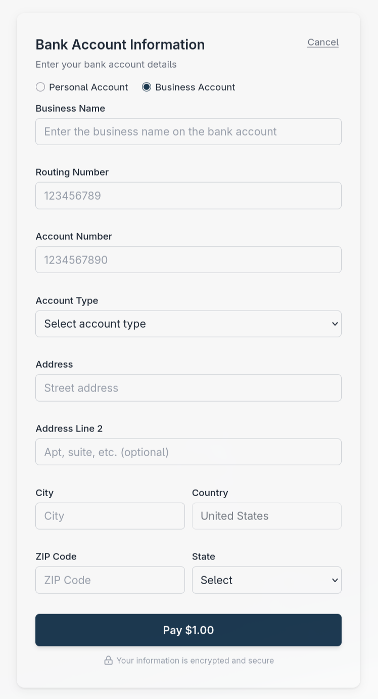 ACH form with Business Account selected and a single Business Name field