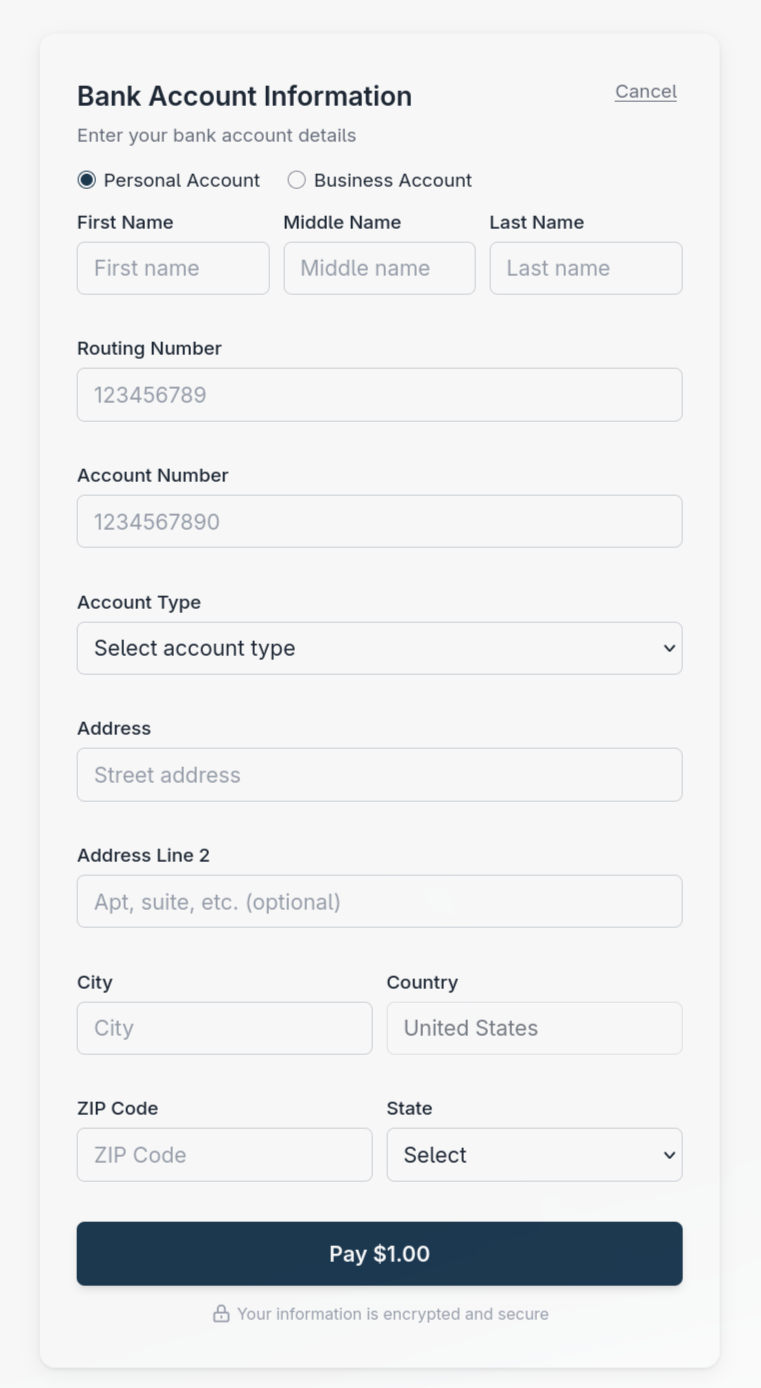 ACH form with Personal Account selected and separate First Name, Middle Name, and Last Name fields