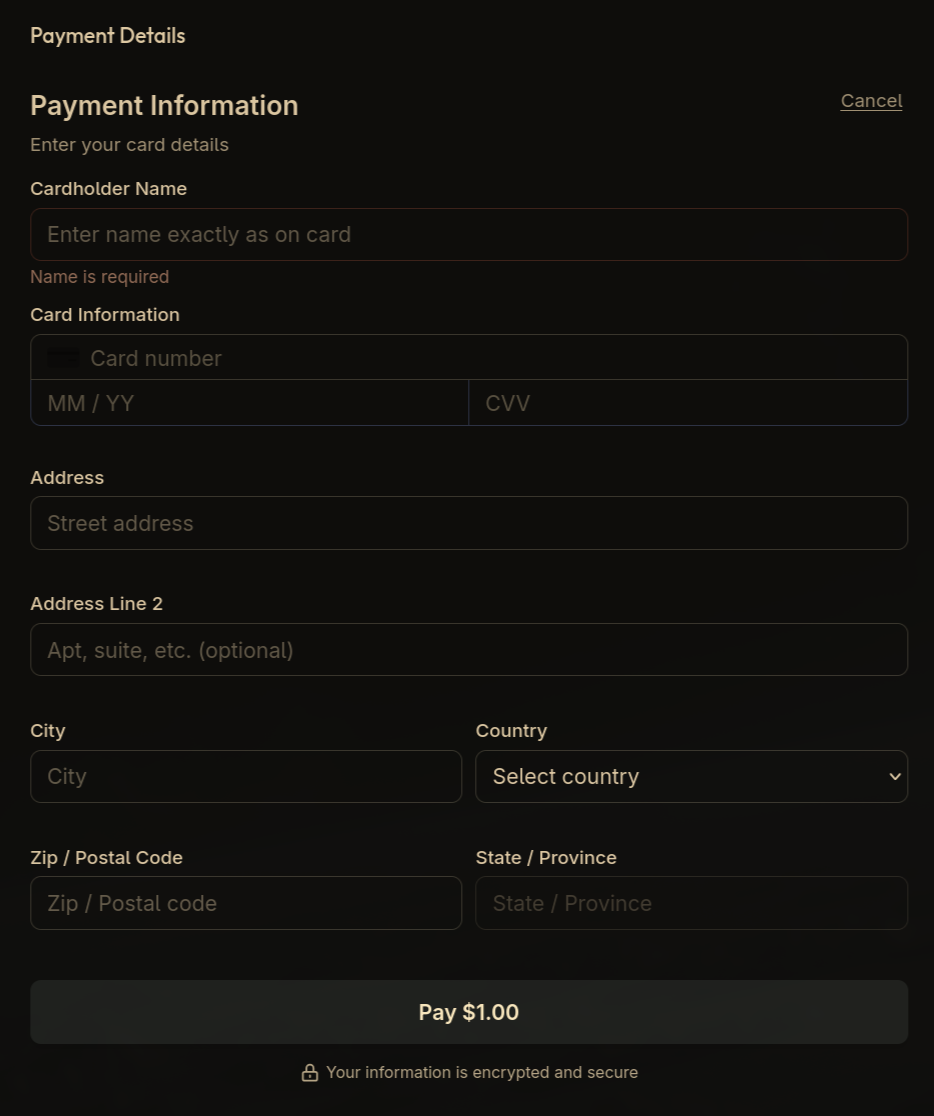 Payment SDK form with a custom dark background and warm text colors