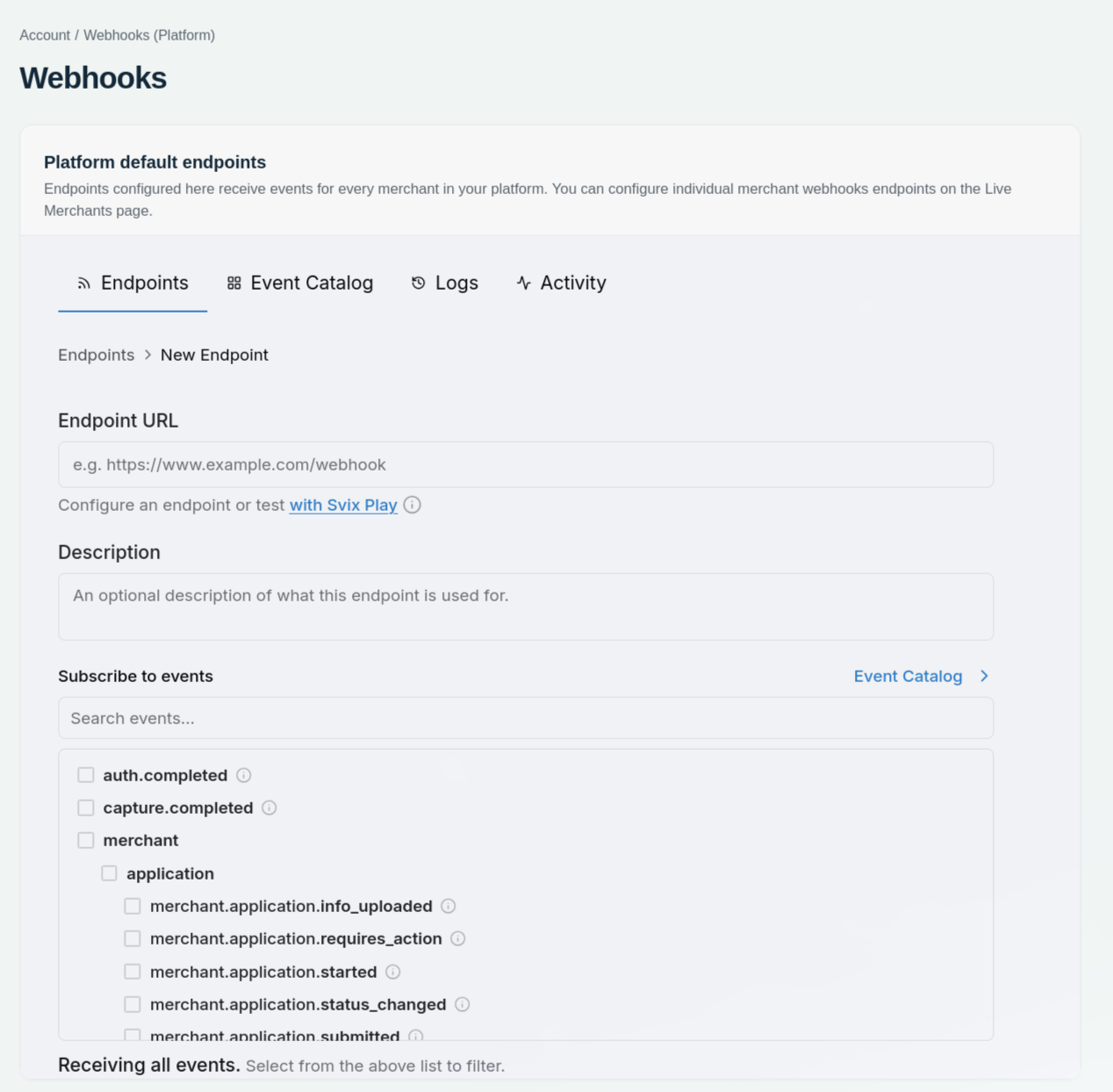 New webhook endpoint form with URL, description, and event subscription choices