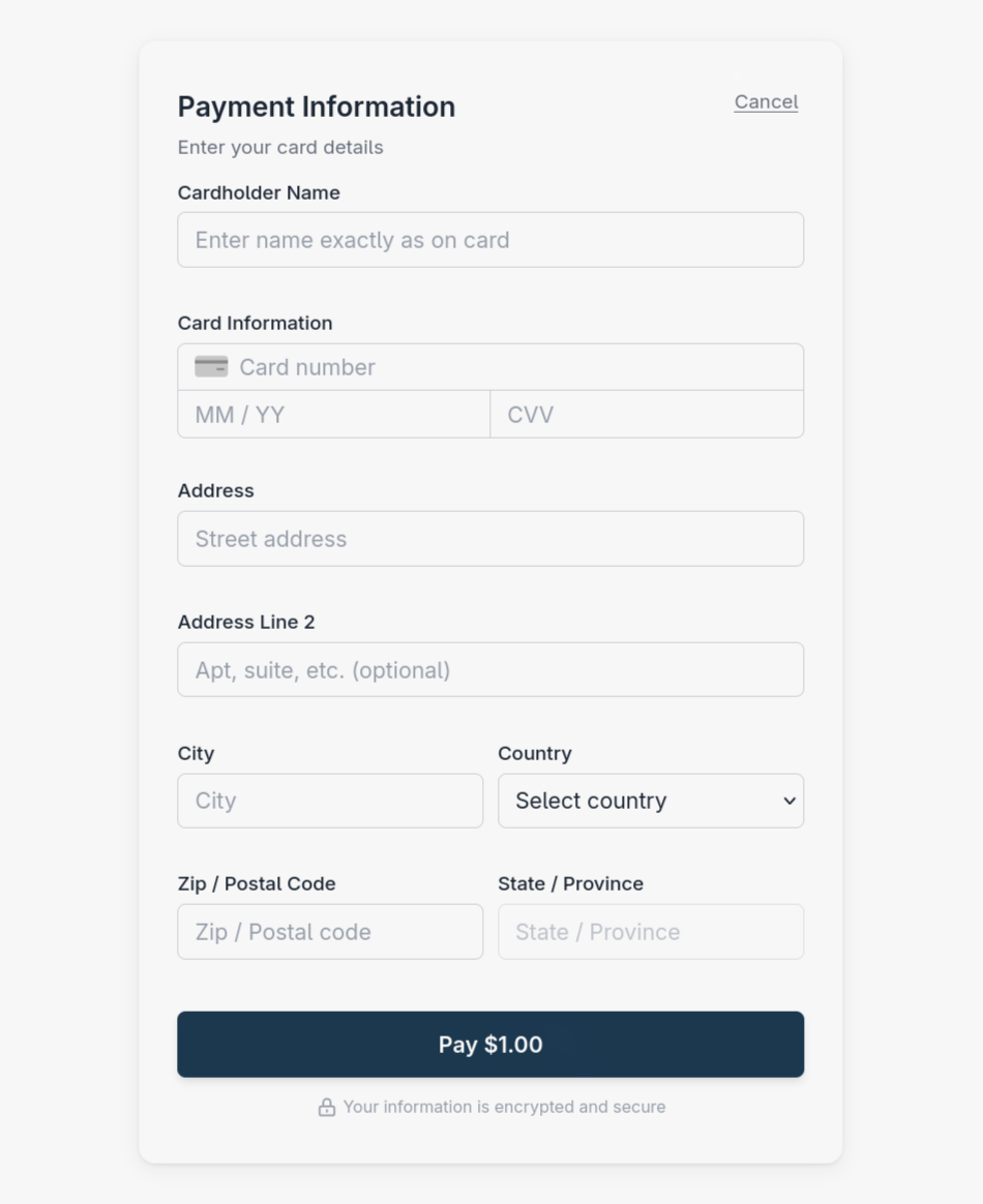 Payment form with a light background and navy payment button